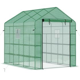 Outsunny 8' x 6' x 7' Walk-in Greenhouse with Mesh Door and Windows, 18 Shelf Hot House with Trellis, Plant Labels, UV protective for Growing Flowers